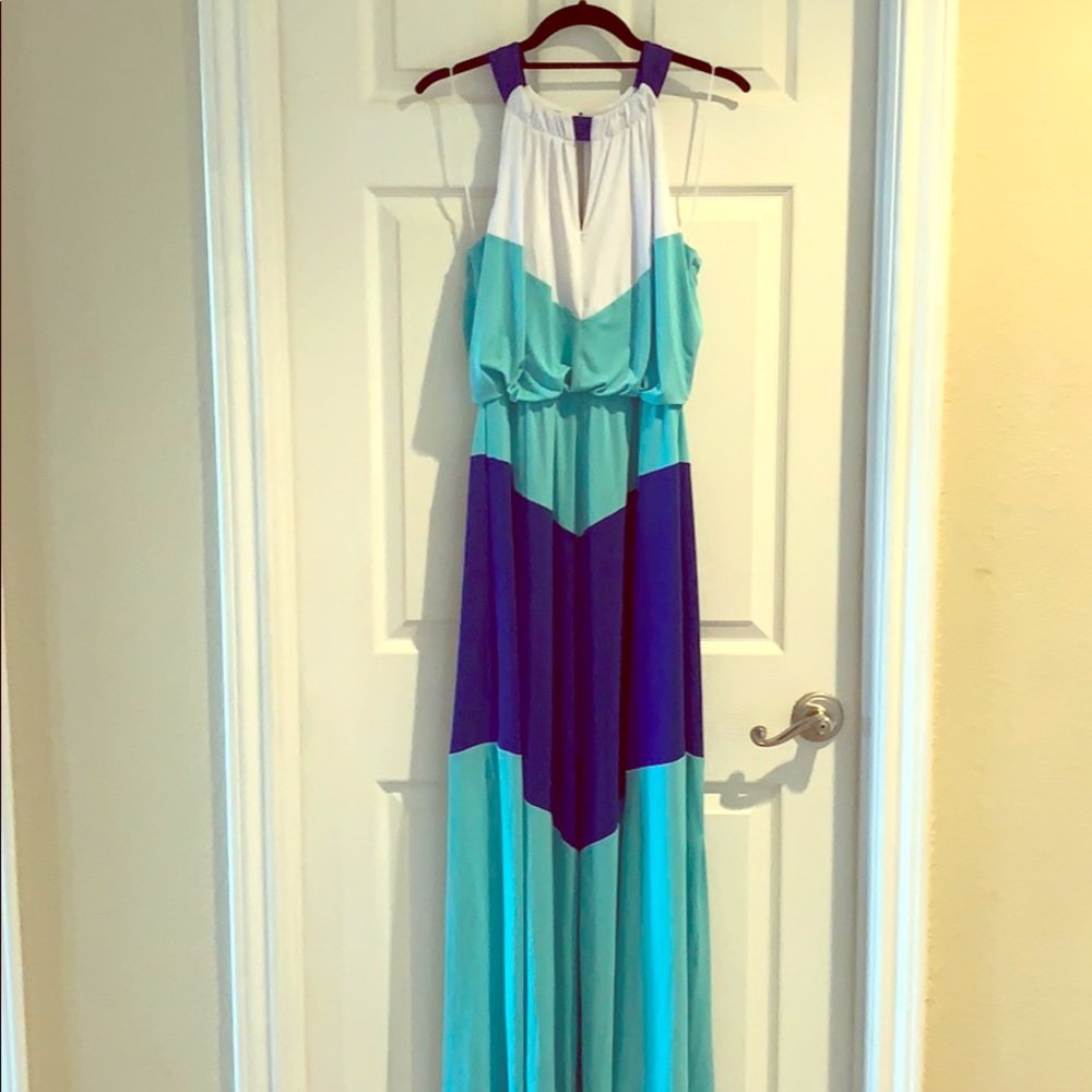 Turquoise Navy White Chevron Maxi Dress